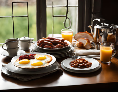 English breakfast with bacon, fried eggs, sausages, beans and orange juiceの素材
