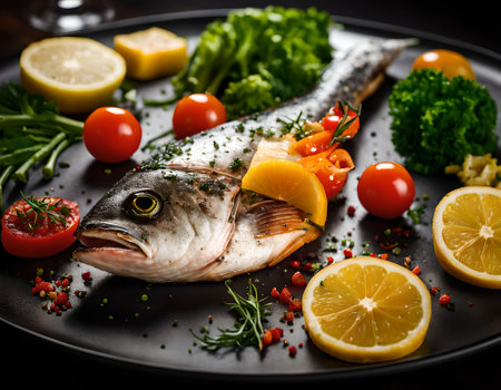 Fresh fish with lemon and herbs on a black plate on a dark backgroundの素材