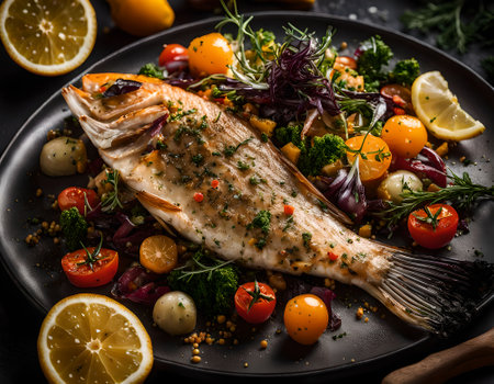 Grilled red fish with vegetables and lemon on a black plate.の素材
