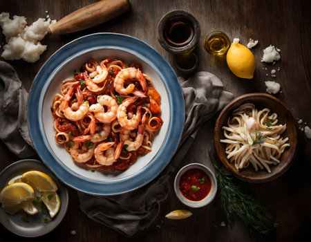 Seafood pasta with shrimps, prawns, squid and tomatoes on wooden backgroundの素材