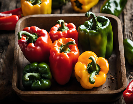 Colorful bell peppers on a wooden background. Selective focus.の素材