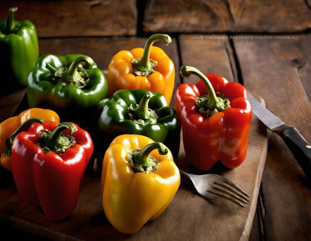 Colorful bell peppers on wooden background. Selective focus. Toned.の素材