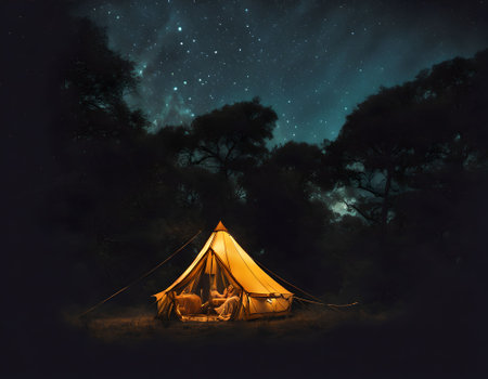 Camping tent in the forest at night with starry sky.の素材