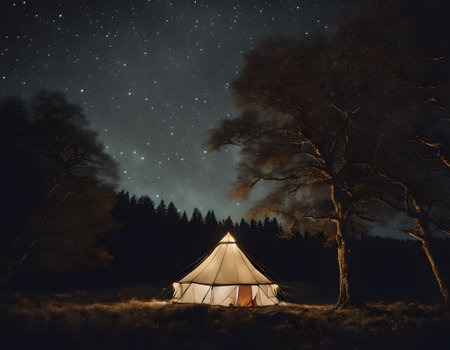 Tent in the forest at night with a starry sky.の素材