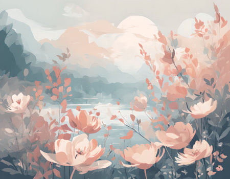 Beautiful landscape with flowers, mountains and lake. Vector illustration.の素材