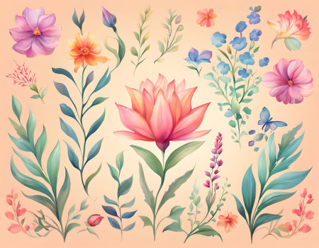 Set of flowers, leaves and twigs in pastel colors.の素材