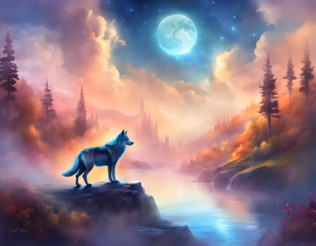 Fantasy landscape with a wolf and a full moon. Vector illustration.の素材