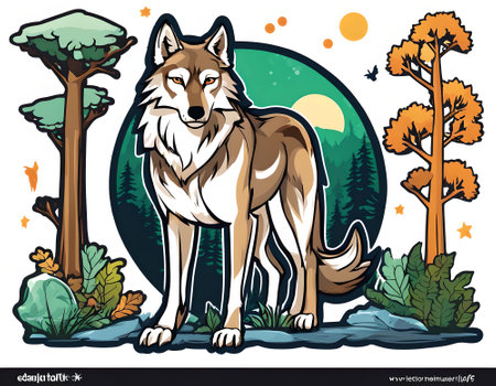 Cartoon illustration of a wild wolf standing in the forest looking at the cameraの素材