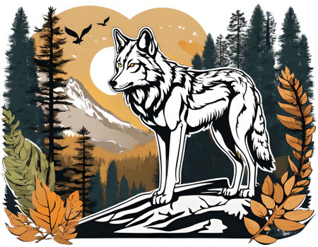 vector illustration of a wolf on the background of the forest and mountainsの素材