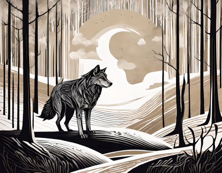 Wild wolf in the forest. Black and white illustration for your designの素材