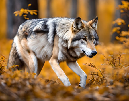 Grey wolf (Canis lupus) in the autumn forestの素材