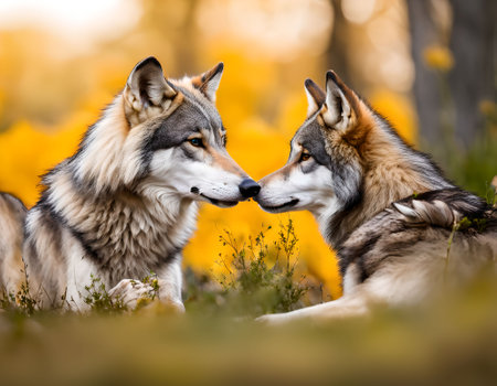 Two wolves in the autumn forest. Portrait of a wolf.の素材