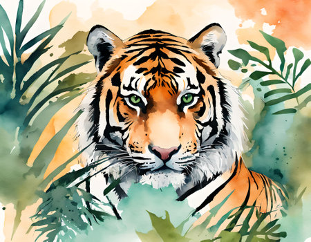 Watercolor tiger on watercolor background. Hand drawn vector illustration.の素材