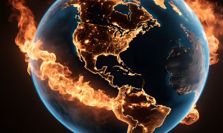 Global warming concept. Earth with burning planet Earth. 3D illustrationの素材