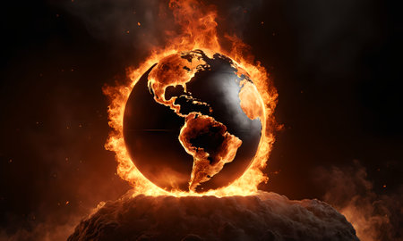 Earth planet burning in fire. Global warming concept. 3D renderingの素材