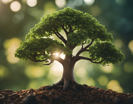 Close up of a green tree in the ground with sunbeamsの素材