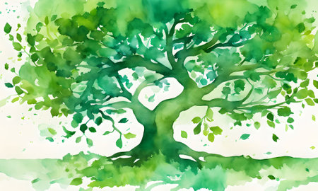 Watercolor green tree. Abstract nature background. Hand drawn illustration.の素材