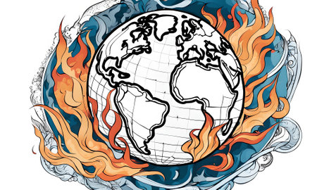 Illustration of a burning earth globe with flames on a white backgroundの素材