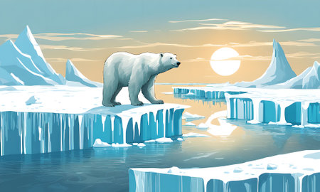 Illustration of a polar bear on the ice floe at sunsetの素材