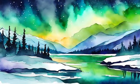 Watercolor winter landscape with mountains, lake and snow. Vector illustration.の素材