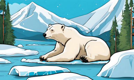 Illustration of a polar bear resting on a rock in a snowy landscapeの素材