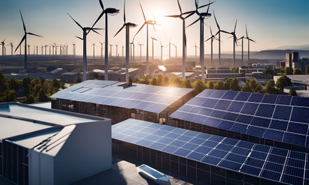 Solar panels and wind turbines. Alternative energy source. 3D renderingの素材