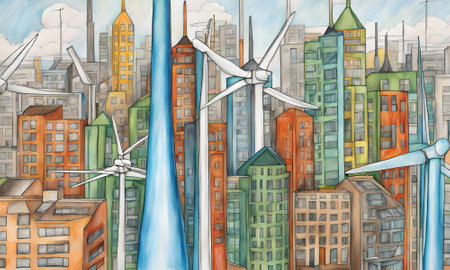 cartoon scene with wind turbines in the city - illustration for childrenの素材