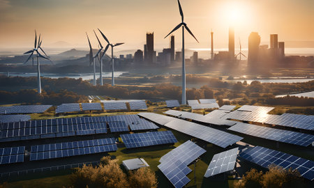 solar energy panels and wind turbines in modern city at sunset.の素材