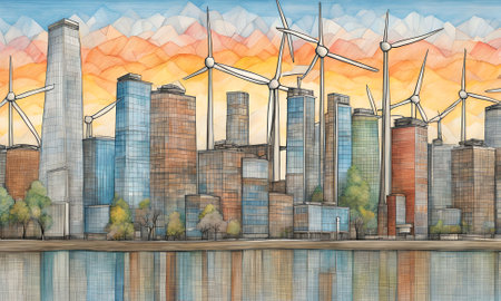 Modern cityscape with wind turbines and buildings. 3D illustration.の素材