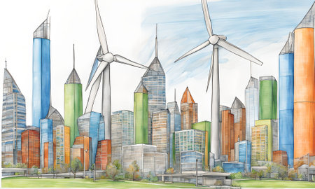 Modern cityscape with wind turbines and buildings. Hand drawn illustration.の素材