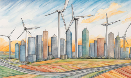 Modern cityscape with wind turbines on the road. Hand drawn illustrationの素材