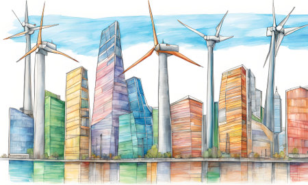 Modern city with windmills and wind turbines. Vector illustration.の素材