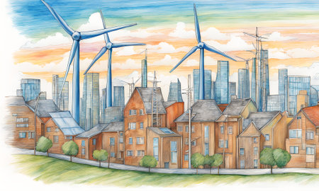 Modern cityscape with wind turbines and houses. Hand drawn illustration.の素材