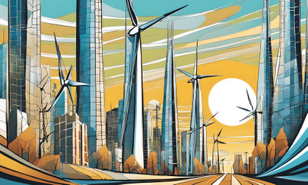Modern cityscape with wind turbines. Eco-friendly city. Vector illustration.の素材