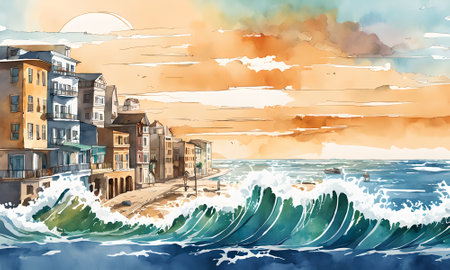 Beautiful seascape with sea waves and houses. Digital painting.の素材