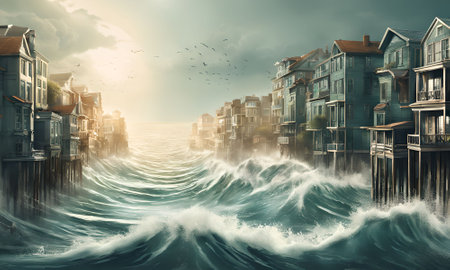 Surreal image of a stormy ocean with houses in the backgroundの素材