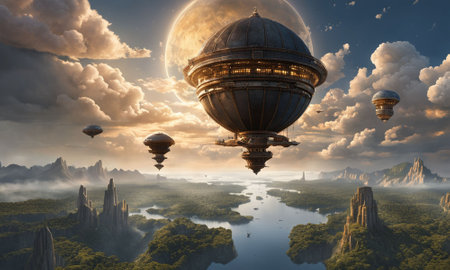 Fantasy landscape with hot air balloons flying in the sky. 3D renderingの素材