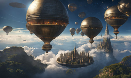 Hot air balloons flying in the sky above the clouds. Fantasy landscapeの素材