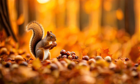 Squirrel with nut in autumn forest. Red squirrel with nut on autumn leaves background.の素材