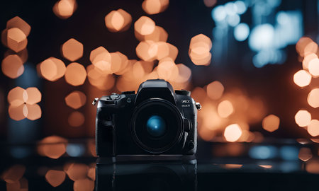Digital camera with bokeh lights background. Vintage style photo.の素材