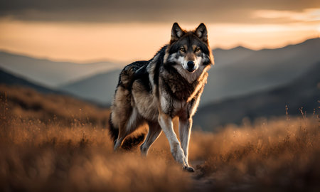 Portrait of a wolf on the background of the mountains at sunsetの素材