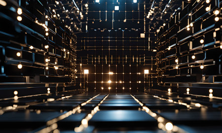 3d rendering. Futuristic dark corridor with glowing lights in the darkの素材