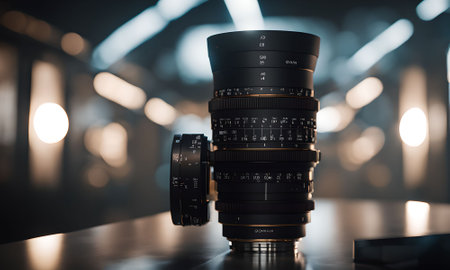 Camera lenses on a table in a photo studio. Selective focusの素材