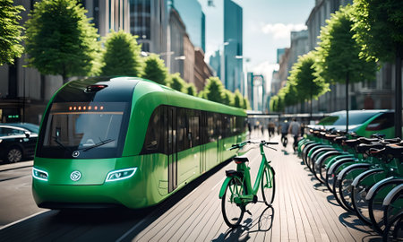 Modern electric train in the city. Public transport in the city.の素材