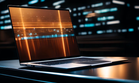 Close up of laptop with blank screen. Technology concept. 3D Renderingの素材