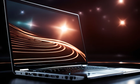 Laptop with glowing lights on dark background. 3D Renderingの素材