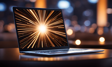 Laptop on table in front of defocused bokeh lightsの素材