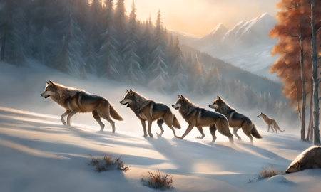 Three wolves running in the winter forest. 3d rendering, 3d illustration.の素材