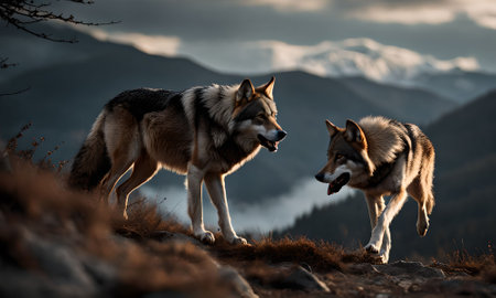 Two wolves in the mountains at sunset. Beautiful nature scene of wild animals.の素材