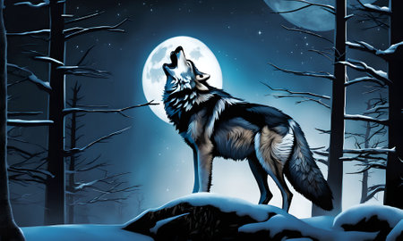 Illustration of a wolf in the forest at night with full moonの素材